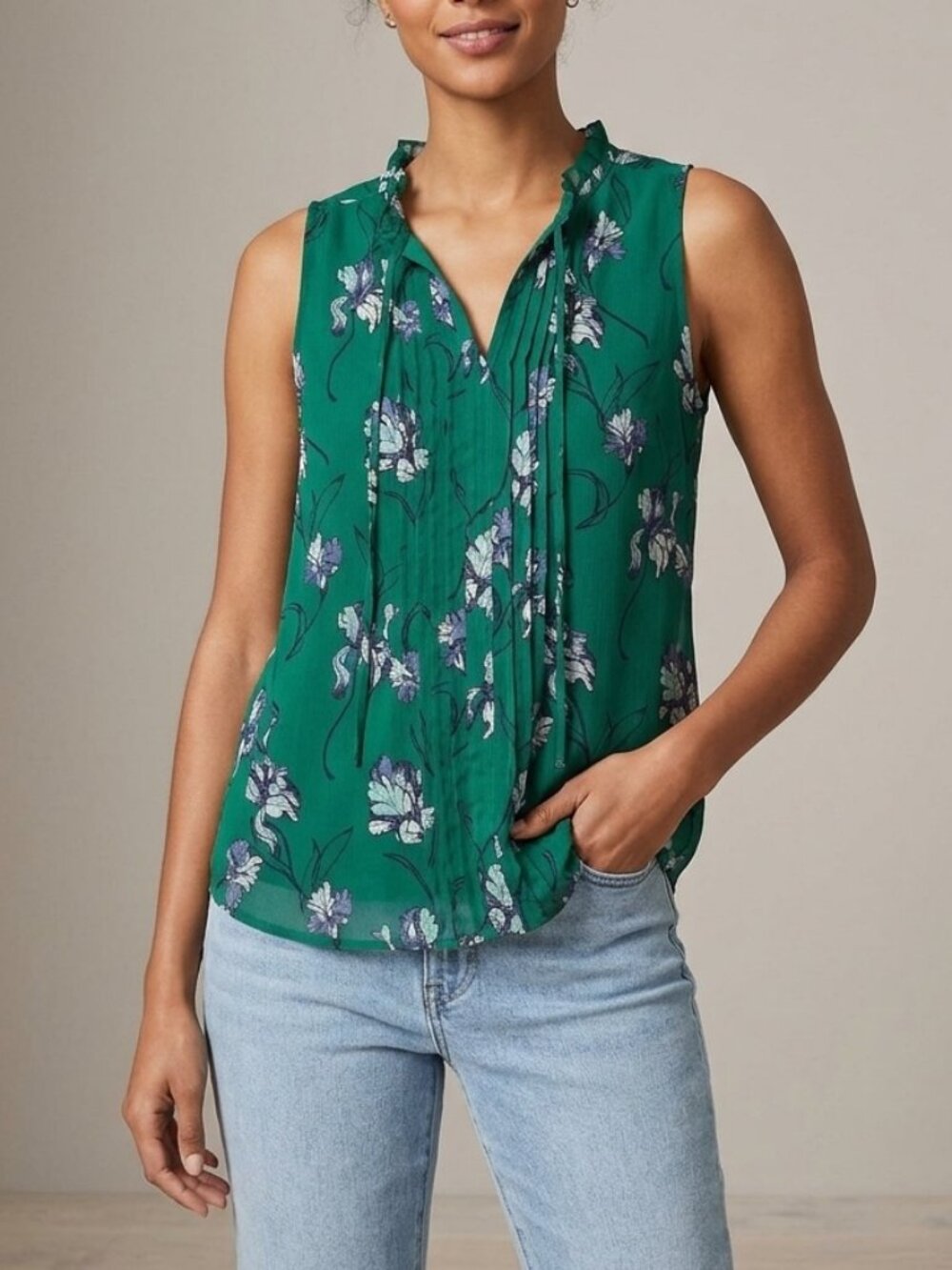LOFT Green Floral Pintucked Ruffle Sleeveless Tank Top sz XS